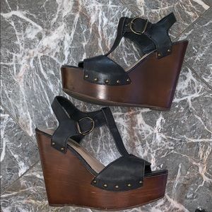 Steve Madden platform black leather wedges sz 7.5